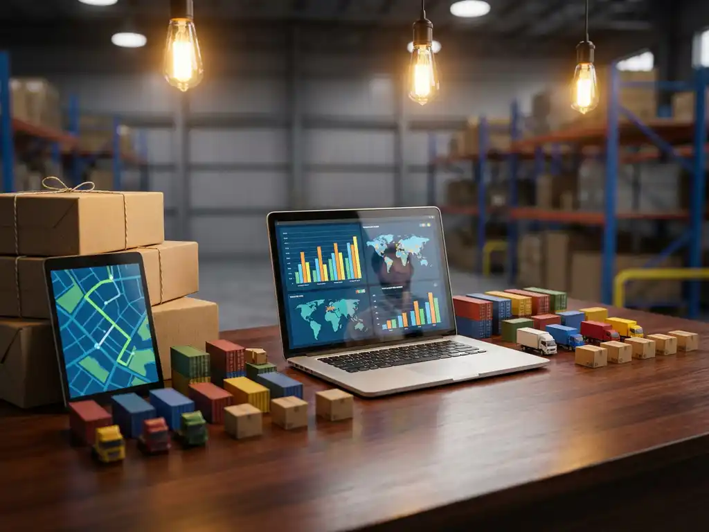 Warehouse manager's desk with laptop showing logistics charts