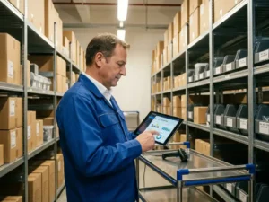 Warehouse manager using digital tablet to check inventory data while standing between organized product shelves in modern distribution center