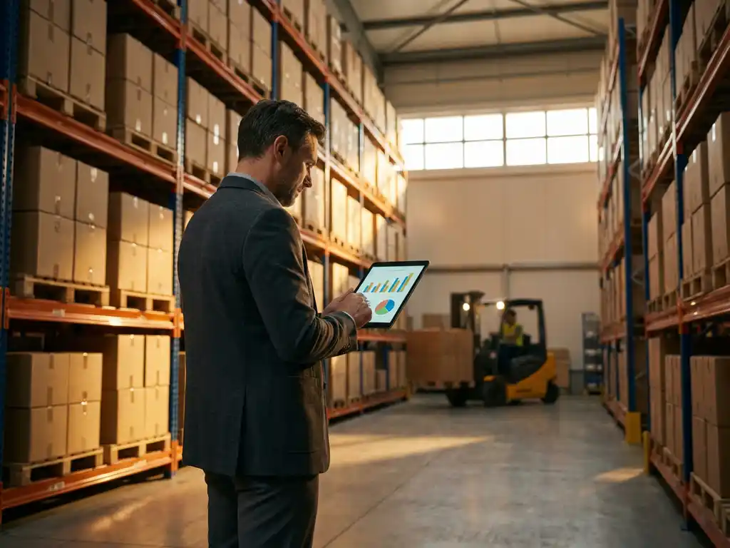 Logistics manager reviewing analytics on tablet in modern warehouse with organized inventory shelves and industrial lighting.