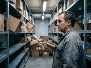 Warehouse manager examining disorganized cardboard boxes overflowing from metal shelving units in modern distribution center