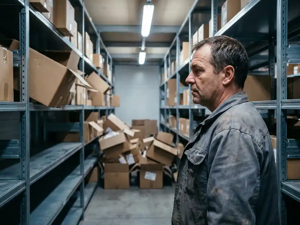 Warehouse manager examining disorganized cardboard boxes overflowing from metal shelving units in modern distribution center