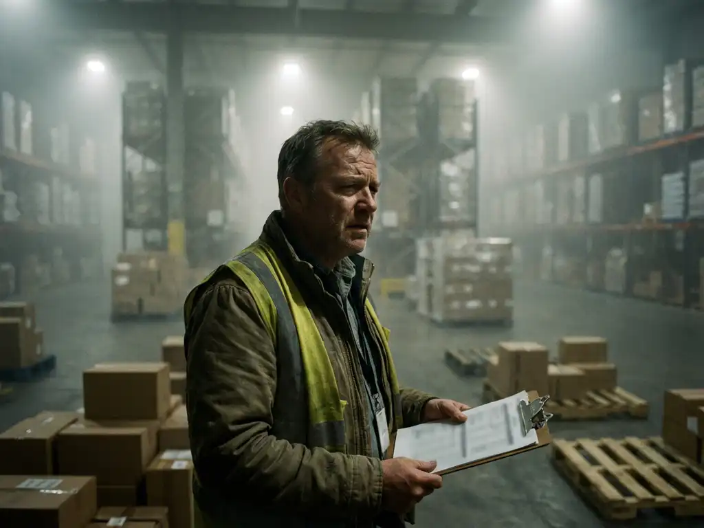 Warehouse manager with clipboard stands in foggy distribution center with scattered boxes and shipping containers in background.