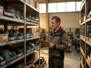 Warehouse manager with clipboard examining organized shelves of automotive parts and electronic components in industrial facility