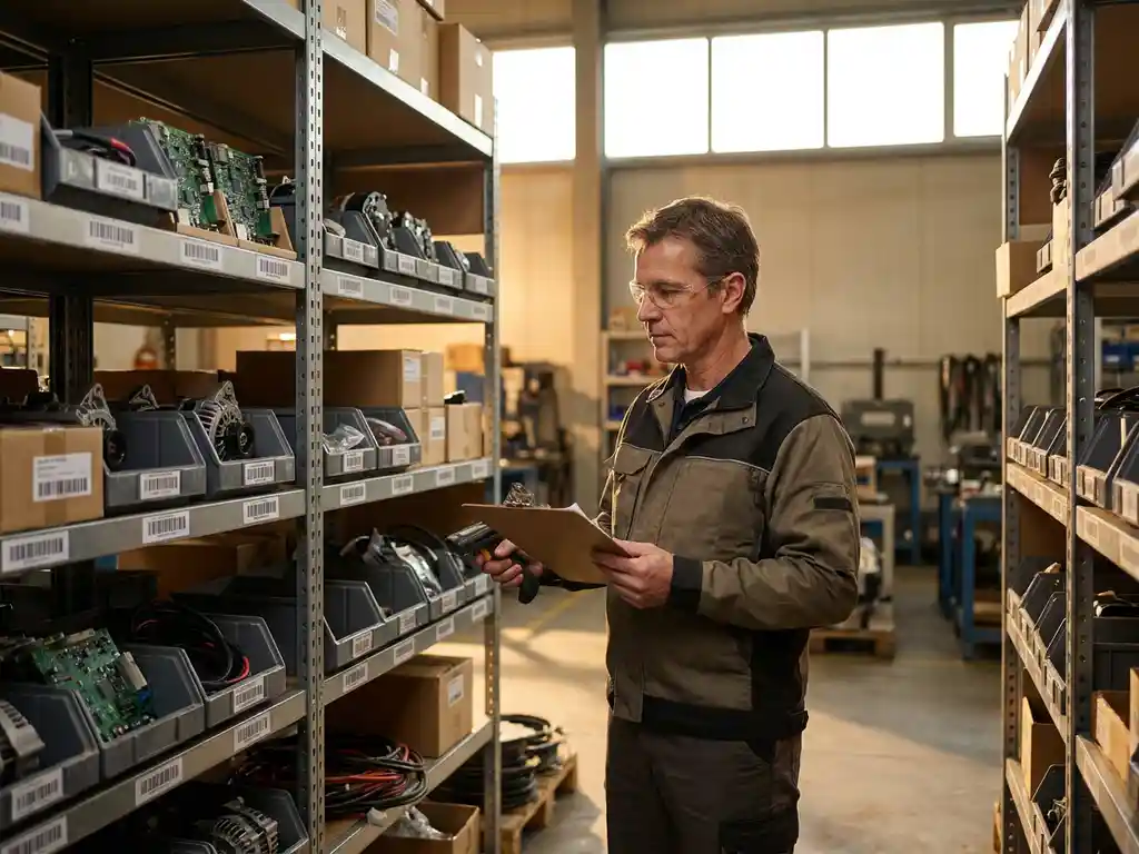 Warehouse manager with clipboard examining organized shelves of automotive parts and electronic components in industrial facility