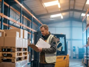 Warehouse manager reviewing inventory clipboard beside stacked pallets of boxed goods