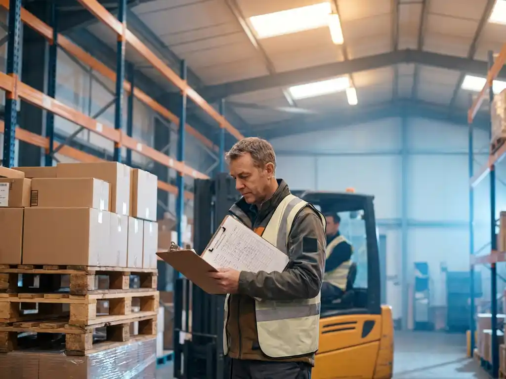 Warehouse manager reviewing inventory clipboard beside stacked pallets of boxed goods