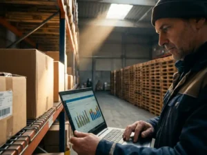 Warehouse manager reviewing live inventory data on a laptop surrounded by stacked pallets under natural daylight.