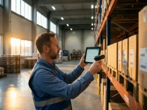 Warehouse manager using digital tablet to scan inventory on organized shelves with product boxes in modern industrial facility