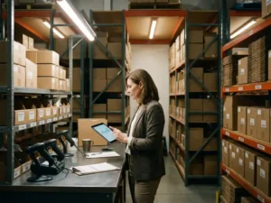 Warehouse manager reviewing performance data on tablet in modern distribution center with organized inventory shelving