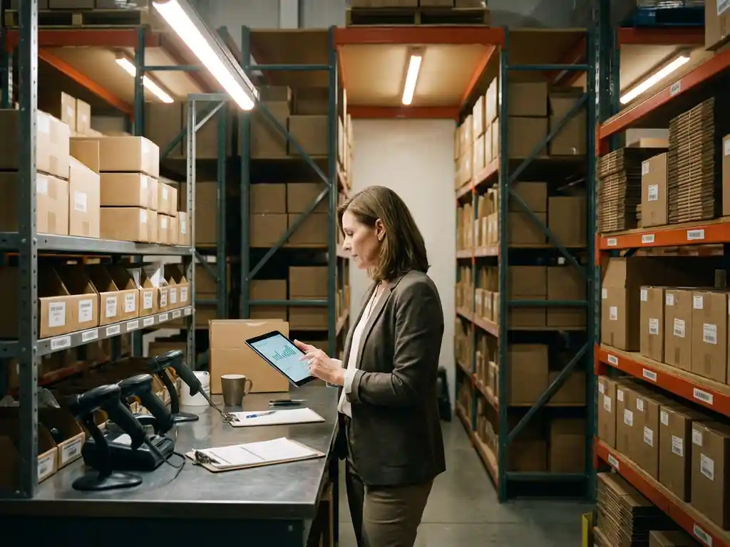 Warehouse manager reviewing performance data on tablet in modern distribution center with organized inventory shelving
