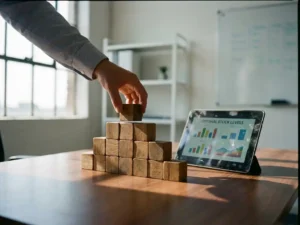 Warehouse manager arranging wooden blocks in pyramid formation on desk with tablet displaying inventory charts nearby