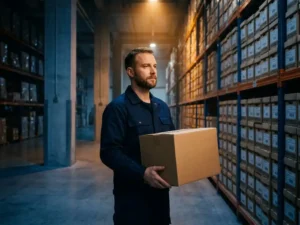 Warehouse manager holding a product box under focused light
