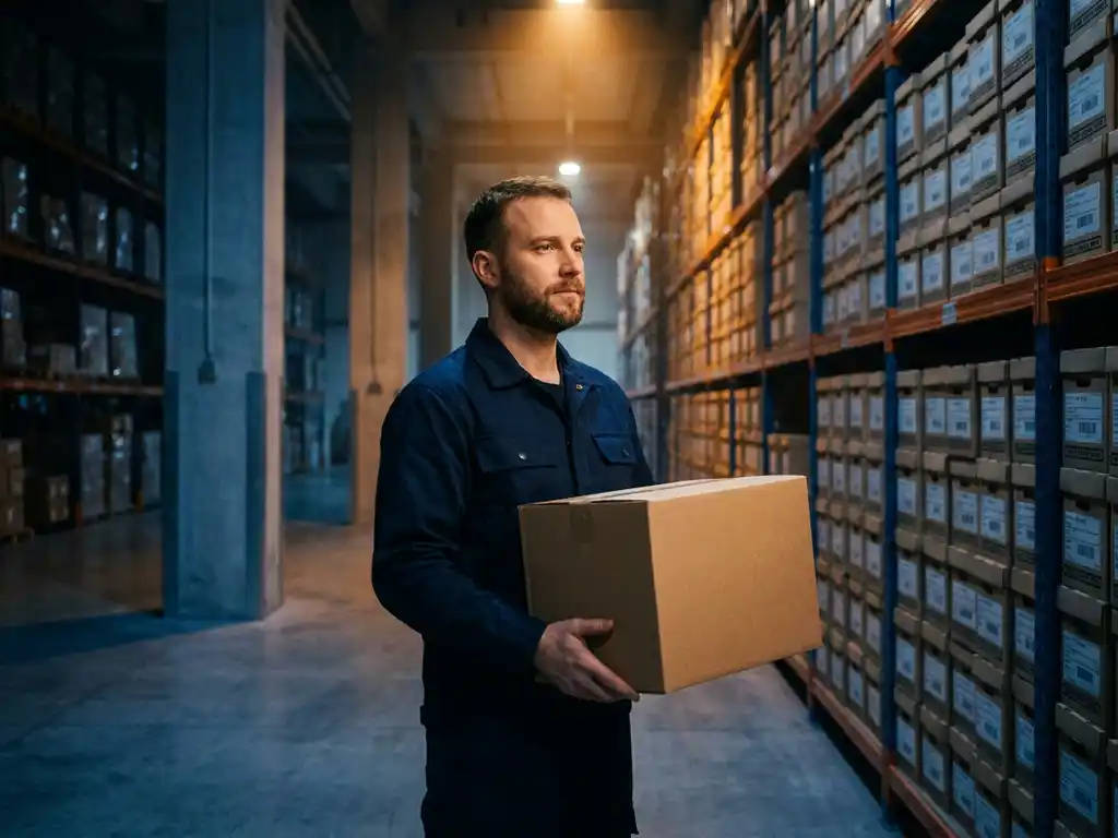 Warehouse manager holding a product box under focused light
