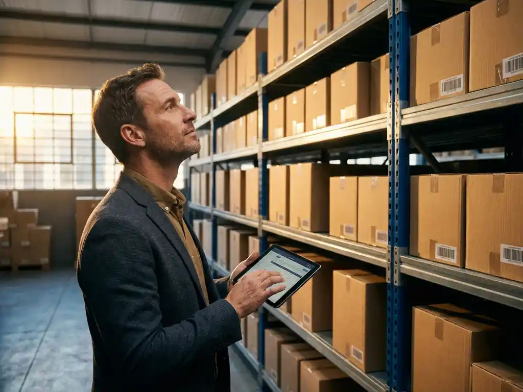 Warehouse manager with tablet reviewing organized inventory shelves in golden afternoon light streaming through industrial windows