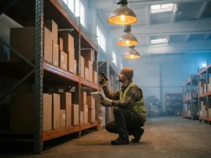 Warehouse manager crouching beside tall metal shelving racks with cardboard boxes