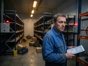 Warehouse manager holding tablet with declining profit charts stands among scattered empty shelves and toppled boxes in industrial setting