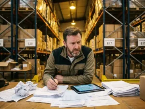 Warehouse manager reviewing delivery tracking sheets and inventory reports at control desk with tablet displaying logistics data