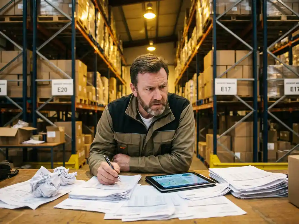 Warehouse manager reviewing delivery tracking sheets and inventory reports at control desk with tablet displaying logistics data