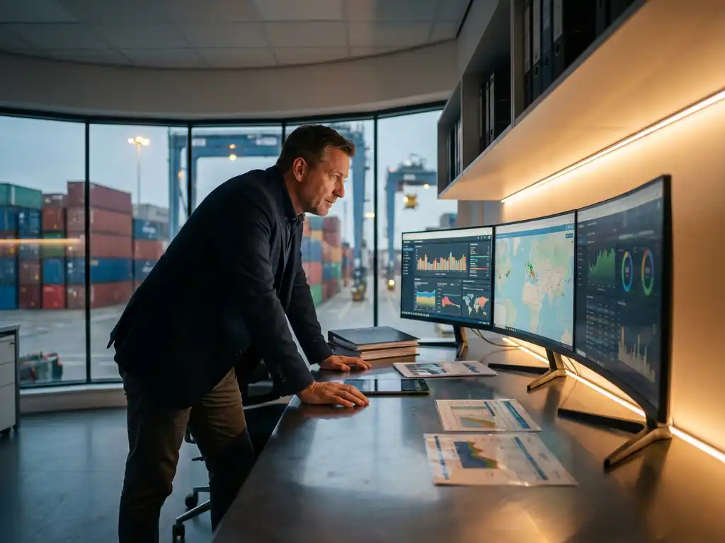 Warehouse manager analyzing logistics data on multiple computer monitors in modern control room with shipping containers visible outside