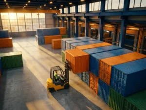 Warehouse manager operating forklift to stack colorful shipping containers in organized rows