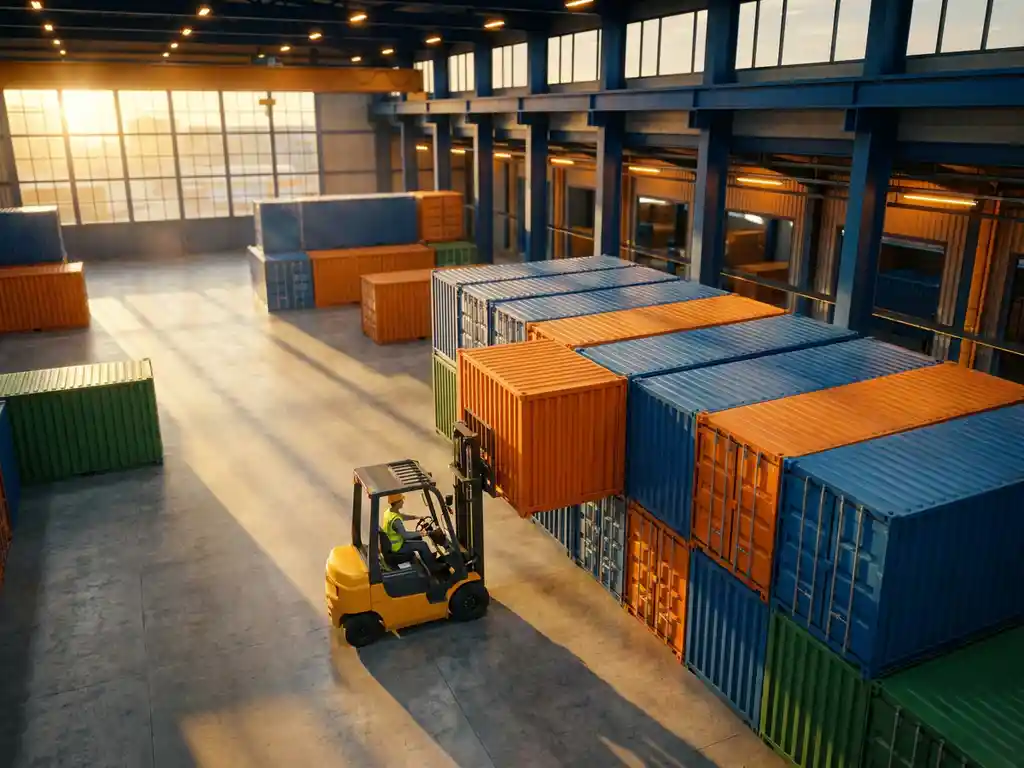 Warehouse manager operating forklift to stack colorful shipping containers in organized rows