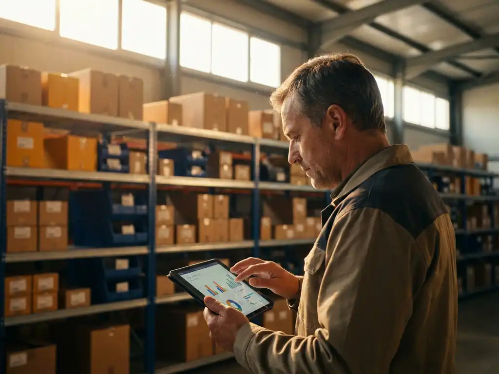 Warehouse manager analyzing performance dashboard on tablet beside organized shelves of colorful packages in golden hour lighting