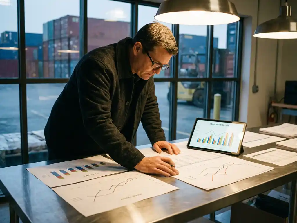 Warehouse manager analyzing supply chain charts and demand forecasting data on tablet at modern industrial desk.