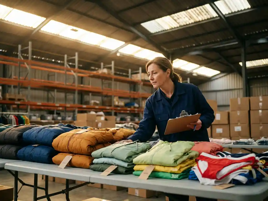 Warehouse manager examining seasonal product displays transitioning from winter coats to spring jackets to summer swimwear in organized rows with inventory tags under golden skylights