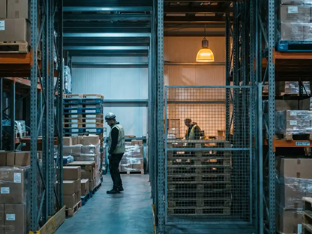 Warehouse workers isolated in separate aisles by tall metal shelving barriers