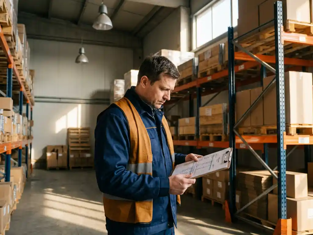 Warehouse supervisor reviewing a printed performance report on a clipboard among tall steel shelving racks stocked with organized pallets and inventory boxes.