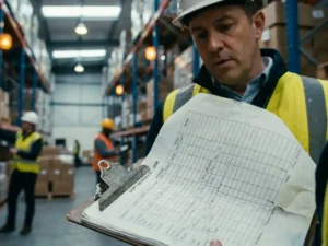 Warehouse floor supervisor reviewing printed shift schedule on industrial clipboard