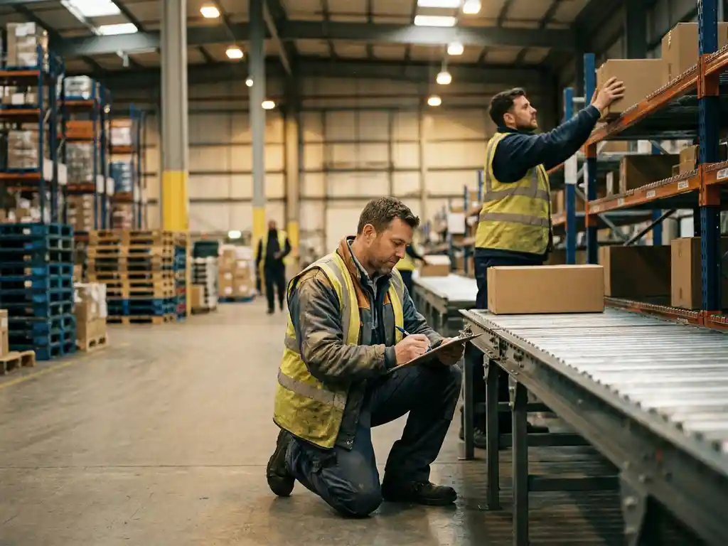 Warehouse team leader kneeling by conveyor belt marking clipboard while colleague organizes boxes on shelving in large logistics facility.