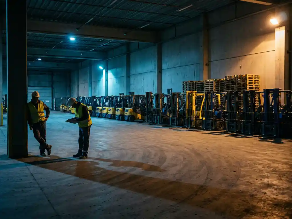 Two workers overseeing idle forklifts and stacked pallets in a vast