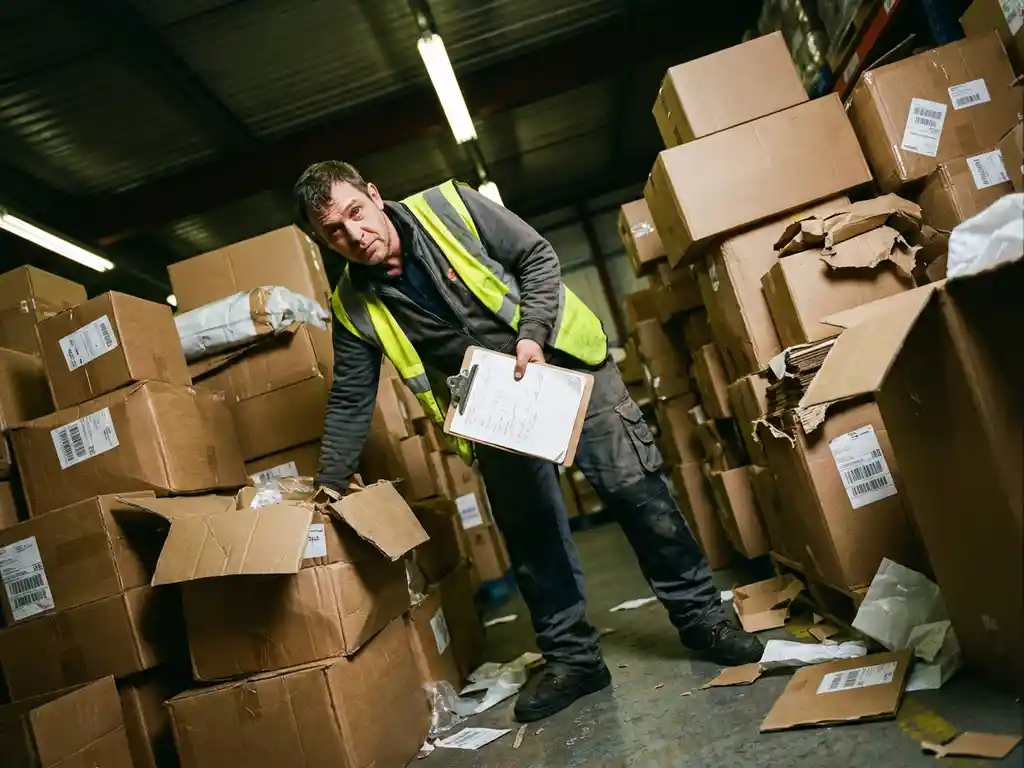 Warehouse worker holding clipboard surrounded by tall stacks of disorganized cardboard boxes and scattered shipping labels