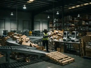 Warehouse worker standing still among tangled conveyor belts