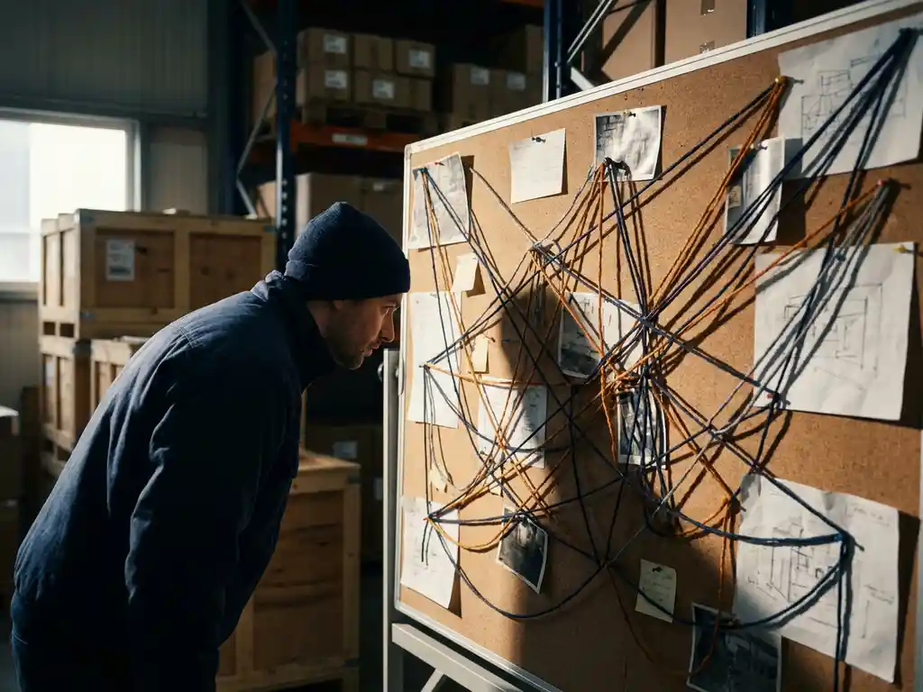 Warehouse worker analyzing a color-coded string map on a corkboard tracking delivery timelines