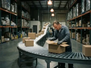 Warehouse worker examining returned packages on curved steel conveyor belt with organized shelving and warm industrial lighting