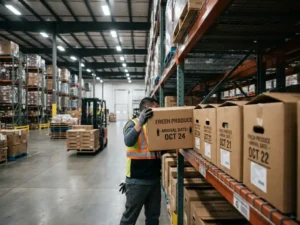 Warehouse worker organizing fresh produce boxes on metal shelving using FIFO inventory rotation system in industrial facility