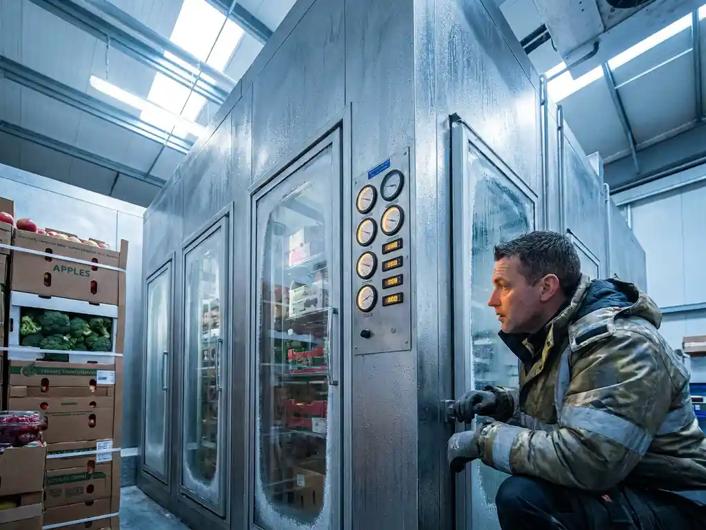 Warehouse worker in thermal gear monitoring temperature gauges on stainless steel refrigeration units with frost crystals and produce boxes visible