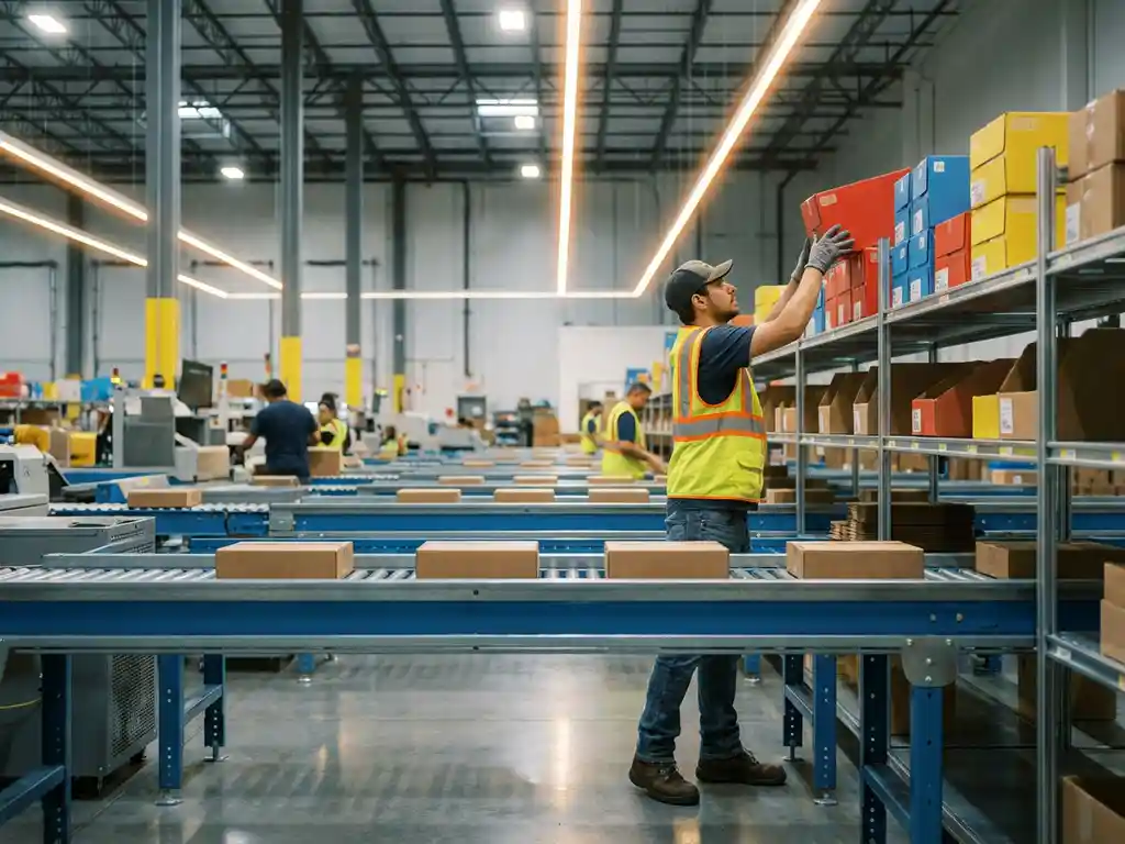 Warehouse worker organizing colorful boxes on metal shelving with conveyor belts in modern distribution center