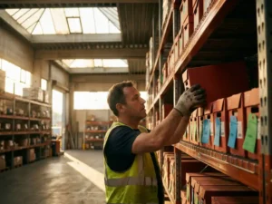 Warehouse worker arranging color-coded inventory boxes on tall metal shelving units with golden hour lighting streaming through skylights