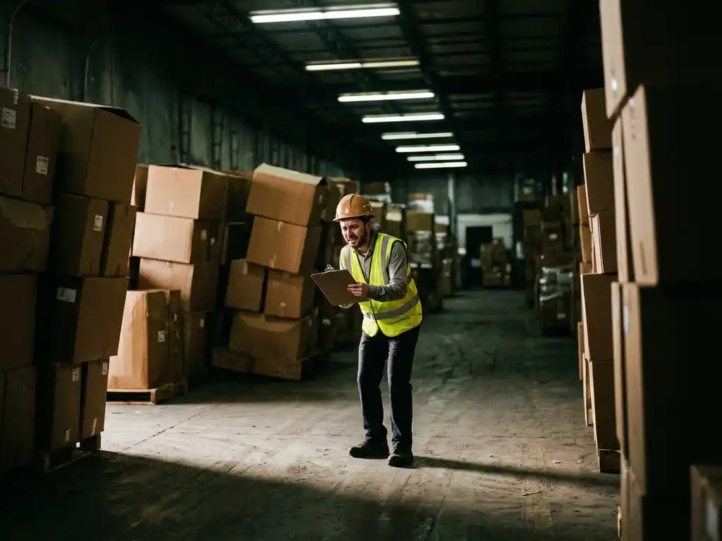 Warehouse worker looking concerned while reviewing clipboard surrounded by towering stacks of cardboard boxes in dimly lit storage facility
