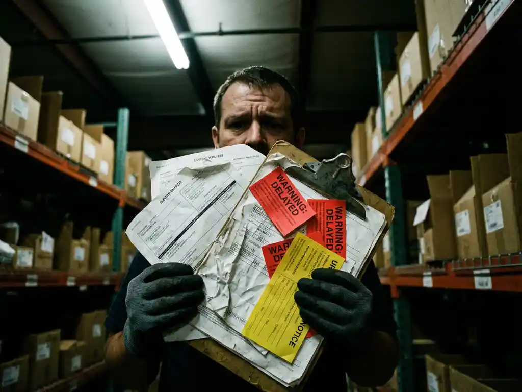 Warehouse worker holding clipboard with disorganized shipping documents and red delay notices in industrial facility