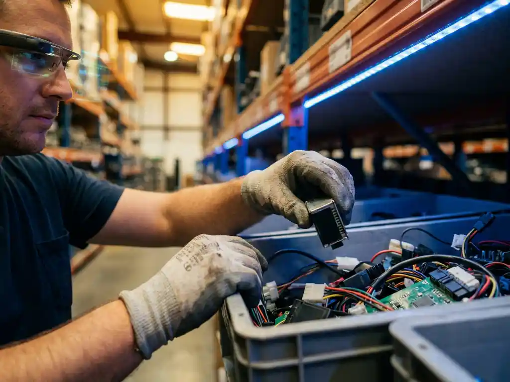 Warehouse worker's hands selecting electronic component from storage bin while wearing smart glasses with digital overlay