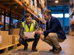 Warehouse worker in high-visibility vest and supervisor reviewing a logistics sheet beside a loaded pallet
