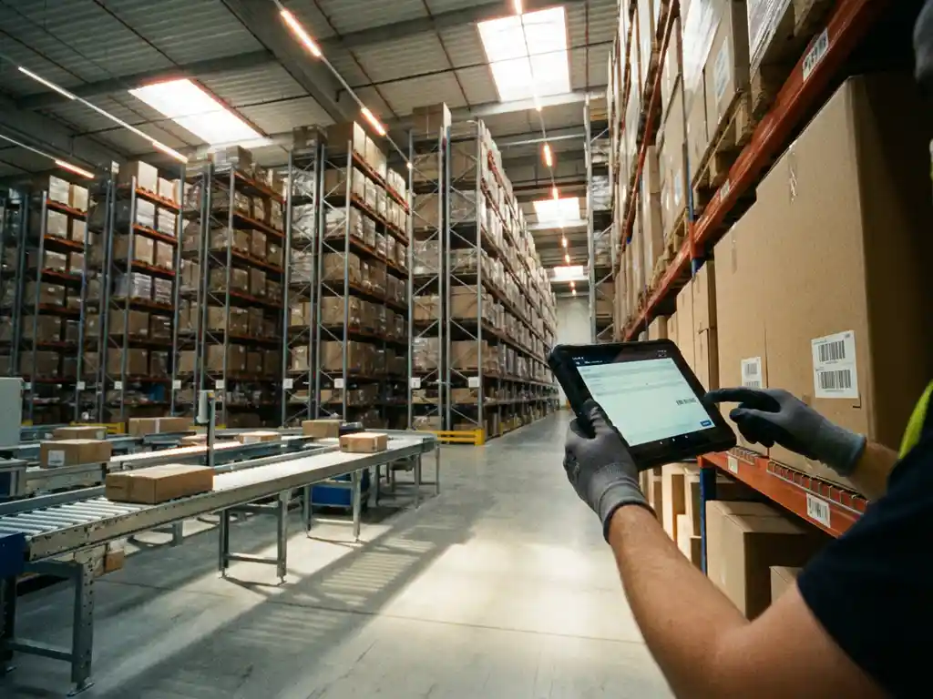 Warehouse worker using tablet to scan inventory next to organized shelving units with stacked boxes in modern facility