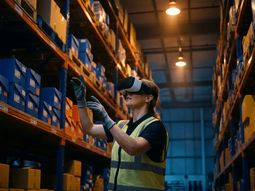 Warehouse worker wearing VR headset gestures while interacting with virtual data among tall shelving units filled with colorful boxes