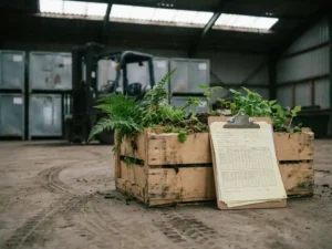 Weathered wooden crate overflowing with green seedlings beside a clipboard holding data reports on a concrete warehouse floor.