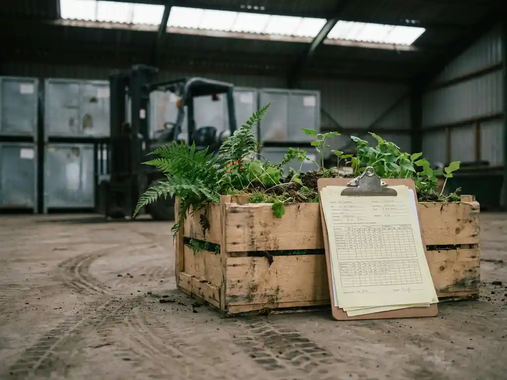 Weathered wooden crate overflowing with green seedlings beside a clipboard holding data reports on a concrete warehouse floor.