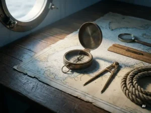 Weathered brass captain's compass open on a nautical chart beside navigation tools and coiled rope, lit by soft porthole light.